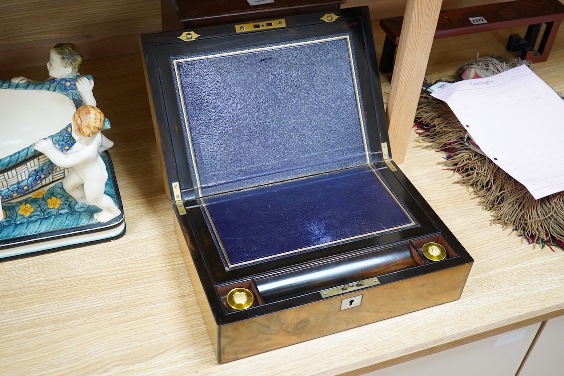 A 19th century burr walnut writing slope with mother of pearl plaque inscribed Ellen Warner, Dec, 8th 1868, 36cm wide